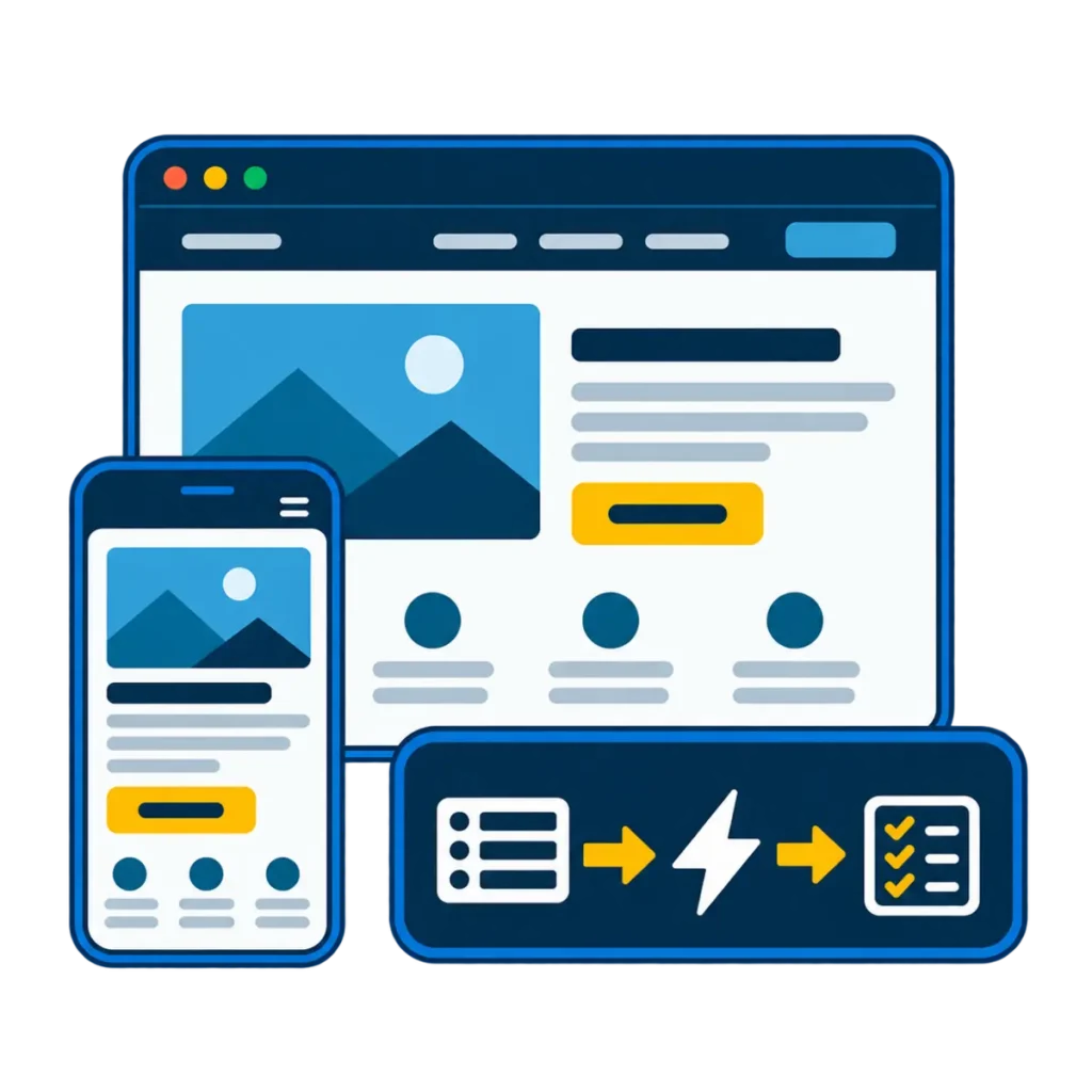 Desktop and mobile website designs beside a separate business automation workflow.
