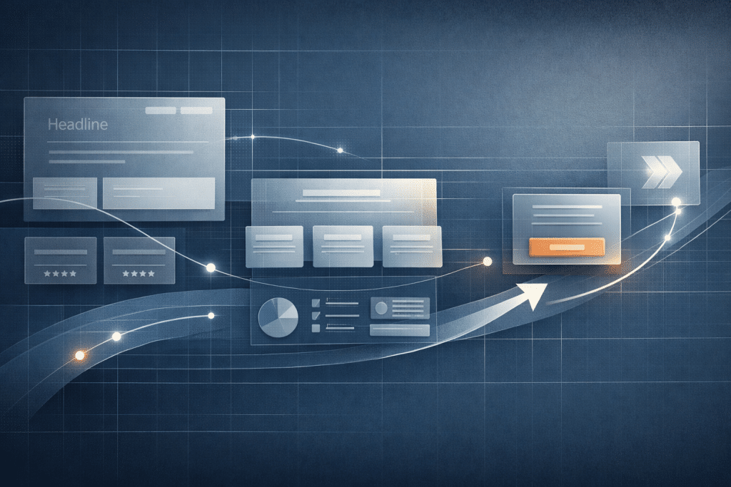 Abstract blueprint-style illustration about homepage structure and guided user flow
