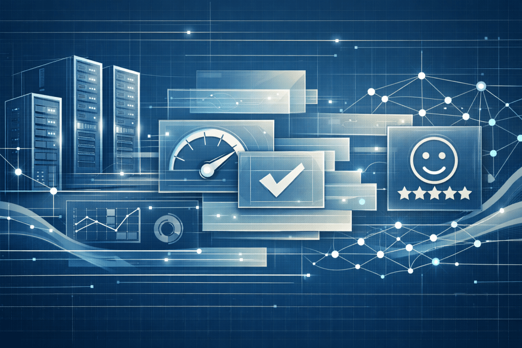 Abstract blueprint-style illustration about hosting performance, reliability, and customer experience