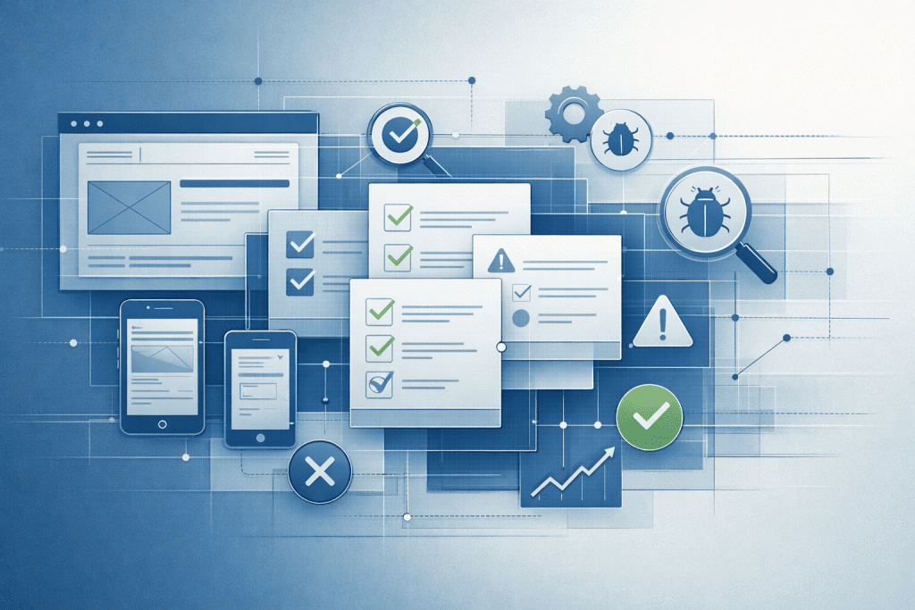 Abstract blueprint-style illustration about post-launch website QA and review workflows