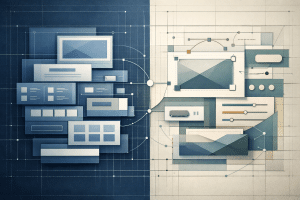 Abstract blueprint-style illustration about the balance between templates and customization in web design