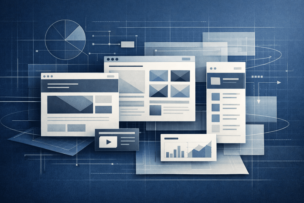 Abstract blueprint-style illustration about design systems and scalable consistency